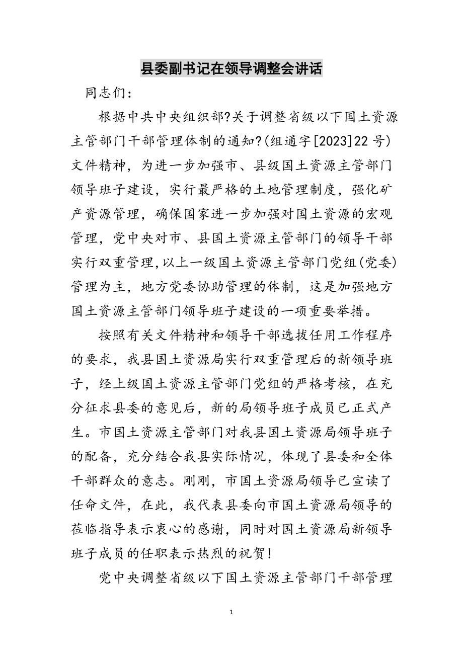 2023年县委副书记在领导调整会讲话范文.doc_第1页