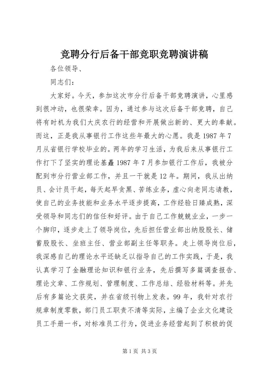 2023年竞聘分行后备干部竞职竞聘演讲稿.docx_第1页