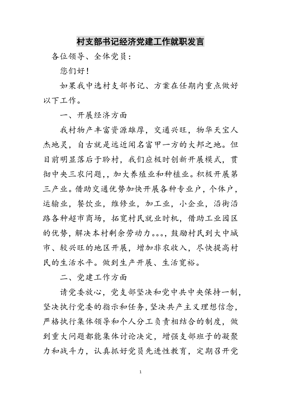 2023年村支部书记经济党建工作就职发言范文.doc_第1页