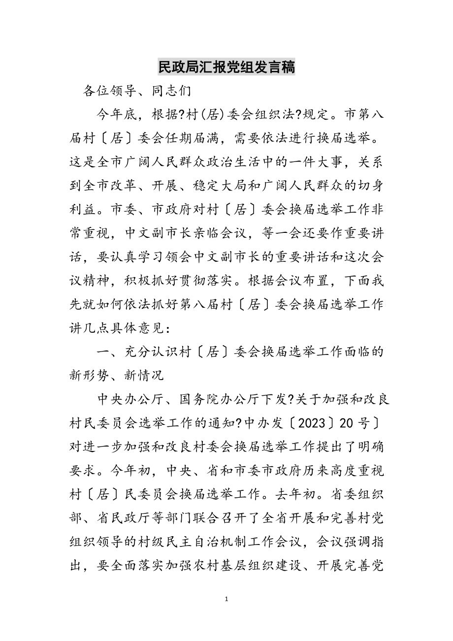 2023年民政局汇报党组发言稿范文.doc_第1页