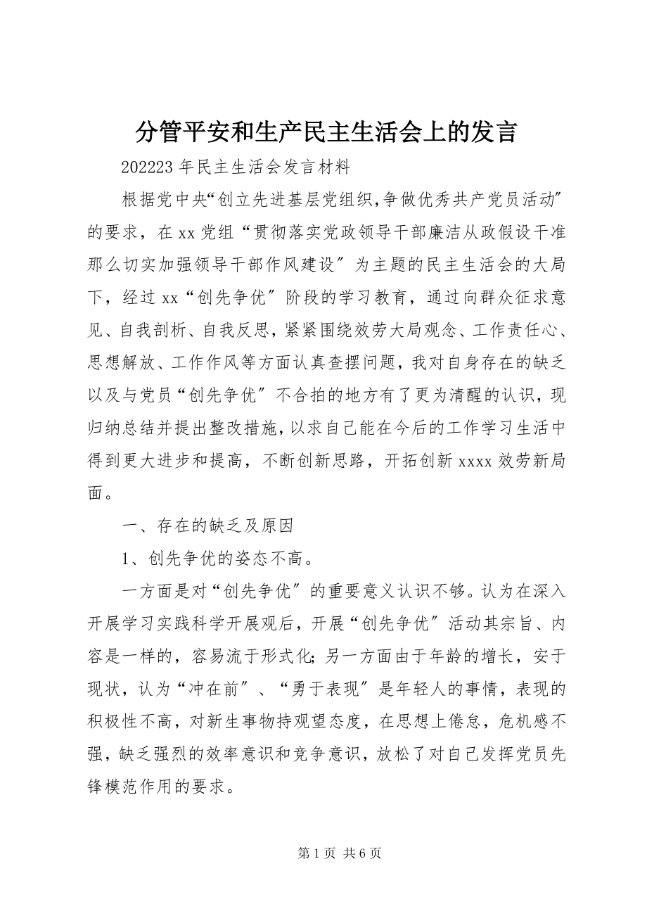 2023年分管安全和生产民主生活会上的讲话.docx_第1页