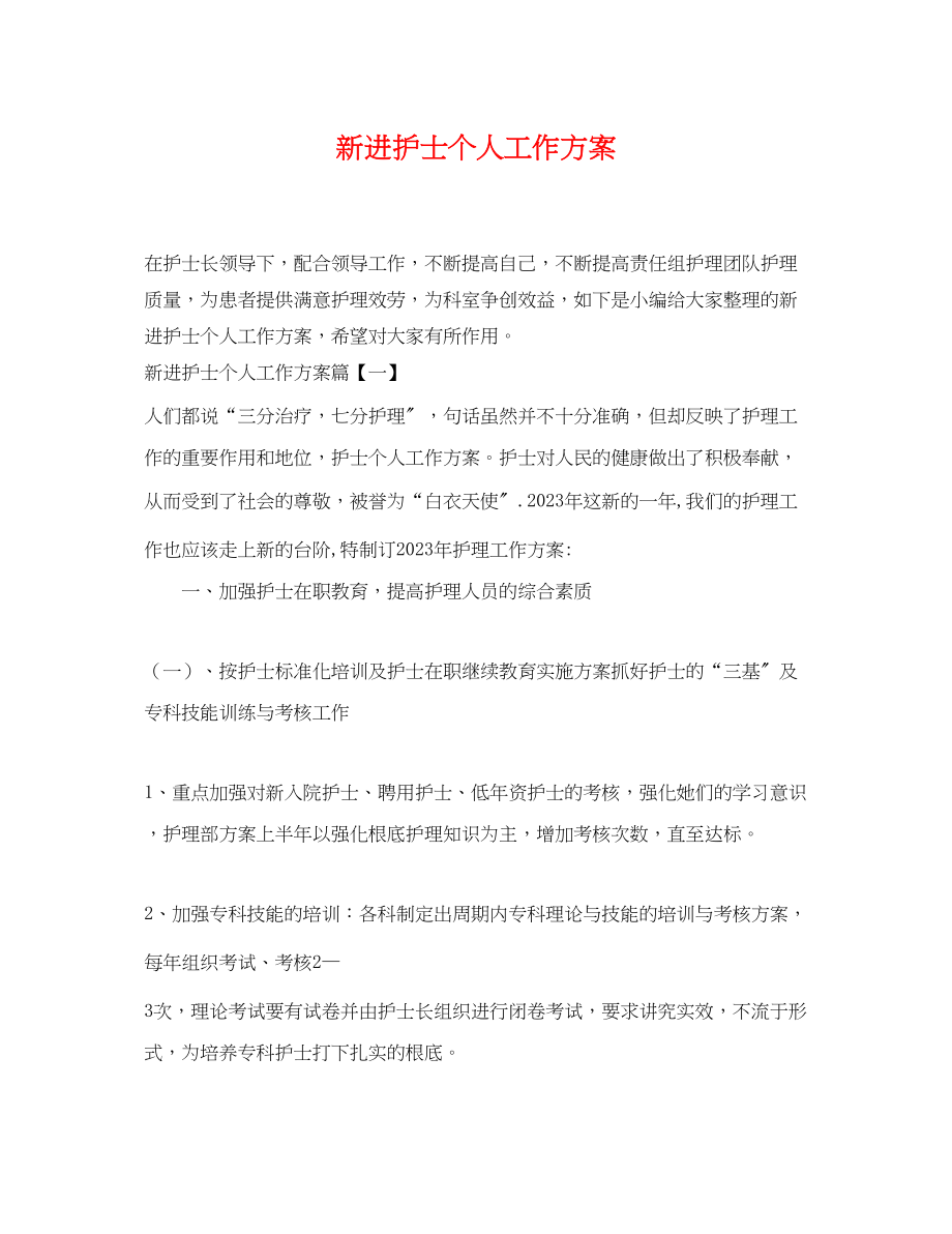 2023年新进护士个人工作计划.docx_第1页