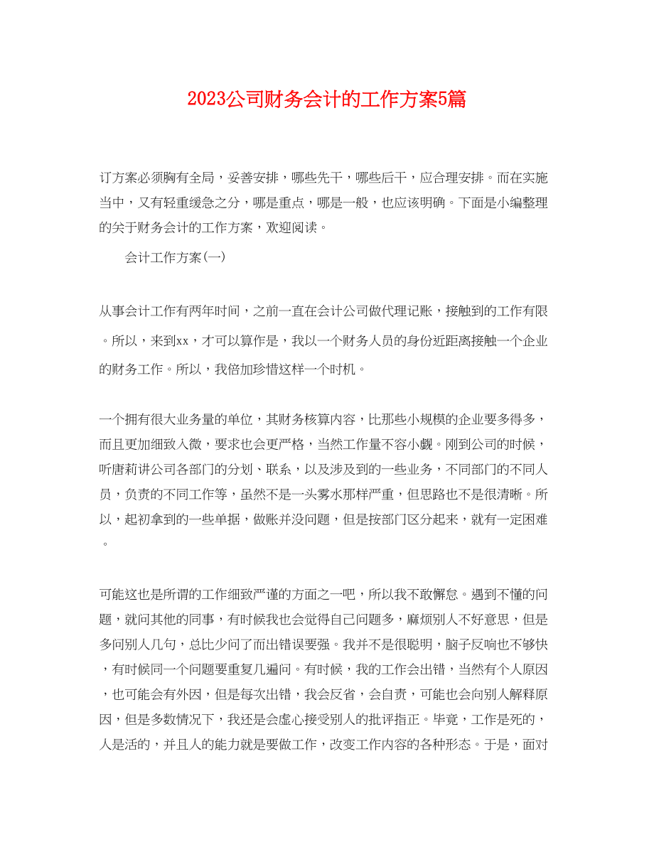 2023年公司财务会计的工作计划5篇.docx_第1页