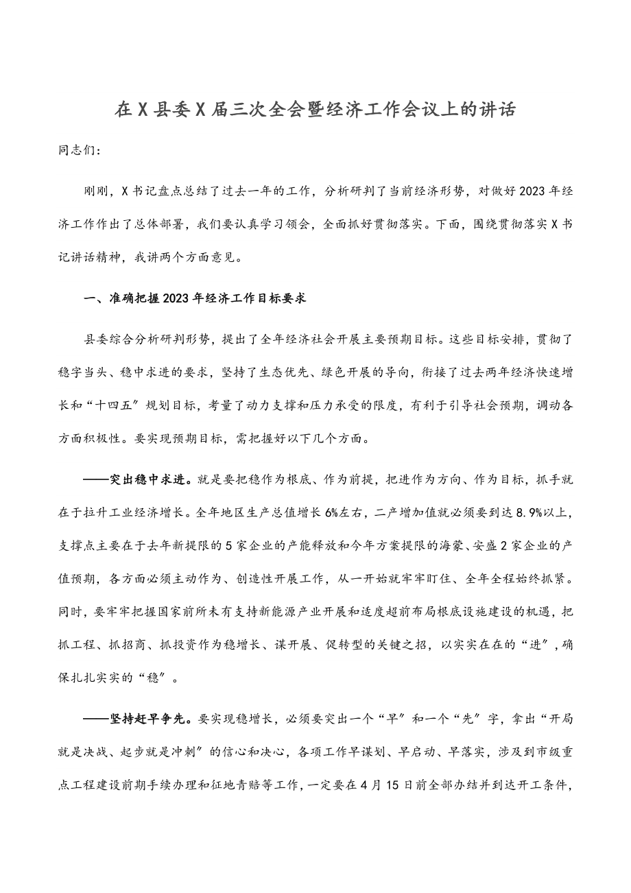 2023年在X县委X届三次全会暨经济工作会议上的讲话.docx_第1页