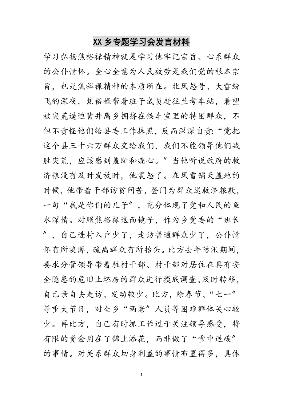 2023年XX乡专题学习会发言材料范文.doc_第1页