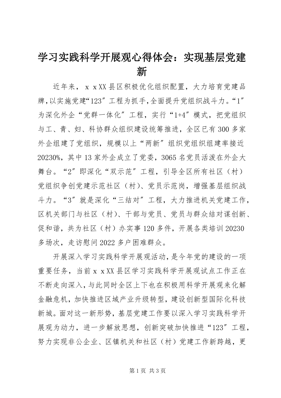 2023年学习实践科学发展观心得体会实现基层党建新.docx_第1页