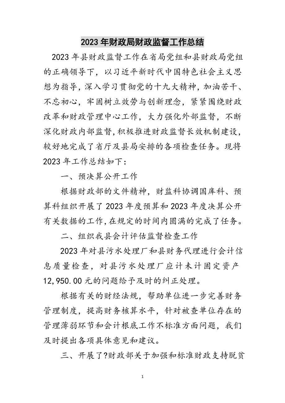 2023年年财政局财政监督工作总结范文.doc_第1页