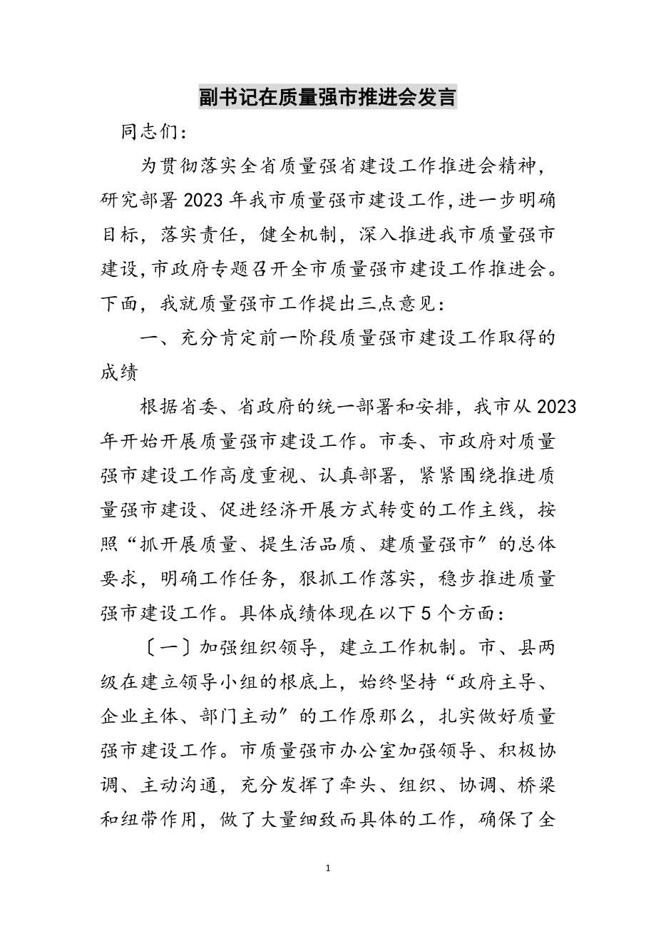 2023年副书记在质量强市推进会发言范文.doc_第1页