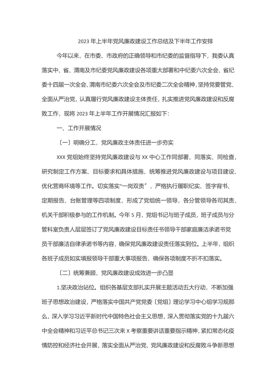 上半年党风廉政建设工作总结及下半年工作安排范文.docx_第1页