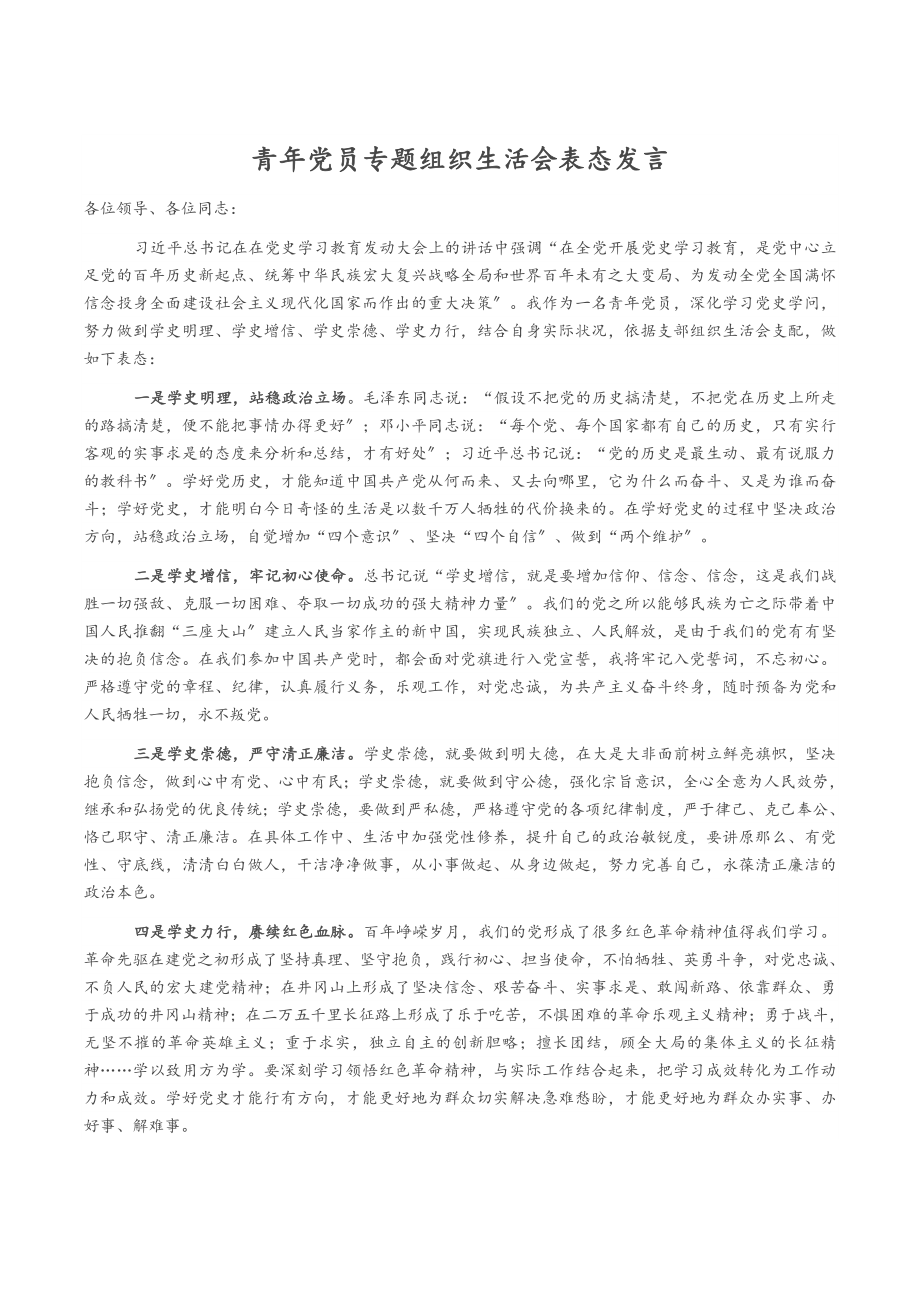 2023年青年党员专题组织生活会表态发言.docx_第1页