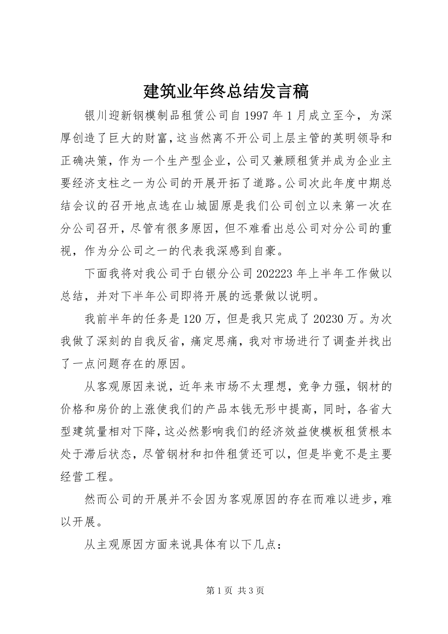 2023年建筑业终总结讲话稿.docx_第1页