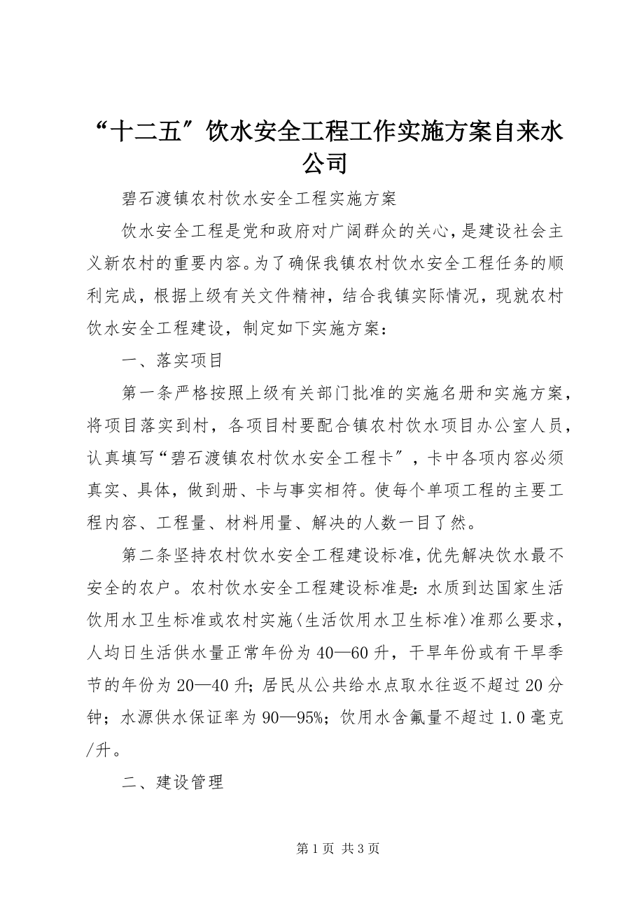 2023年十二五饮水安全工程工作实施方案自来水公司.docx_第1页