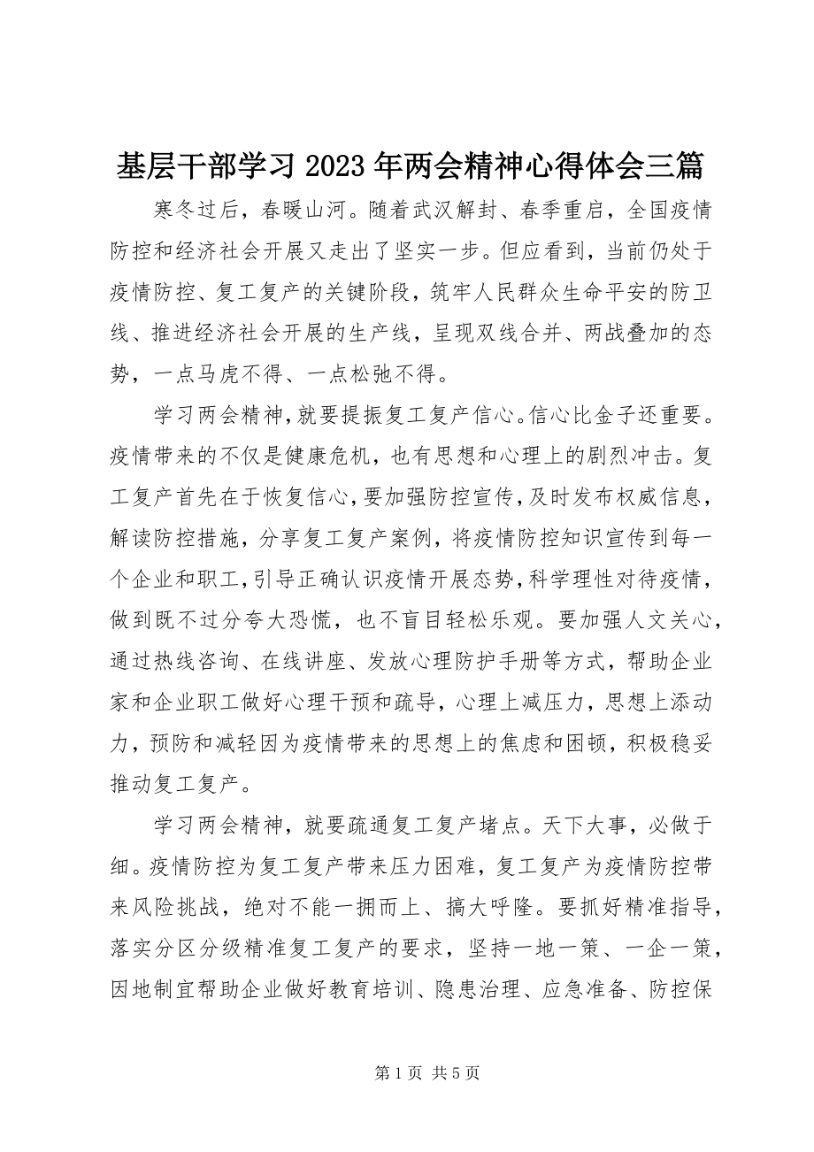 2023年基层干部学习两会精神心得体会三篇.docx_第1页