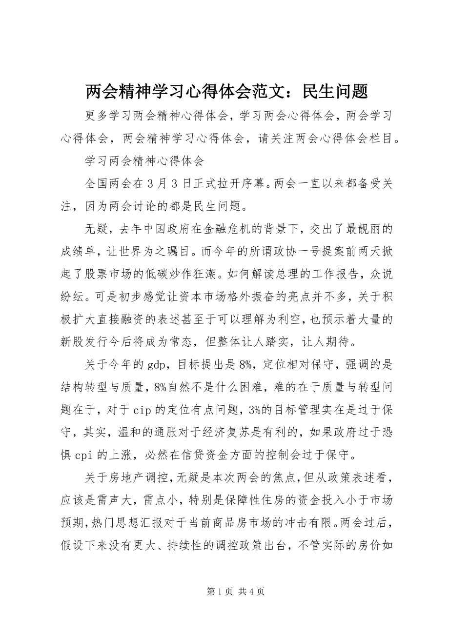 2023年两会精神学习心得体会民生问题.docx_第1页