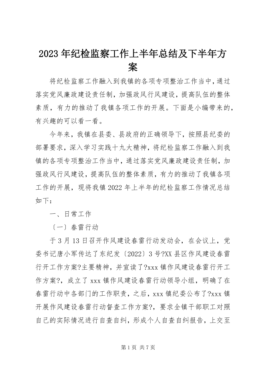 2023年纪检监察工作上半年总结及下半计划.docx_第1页