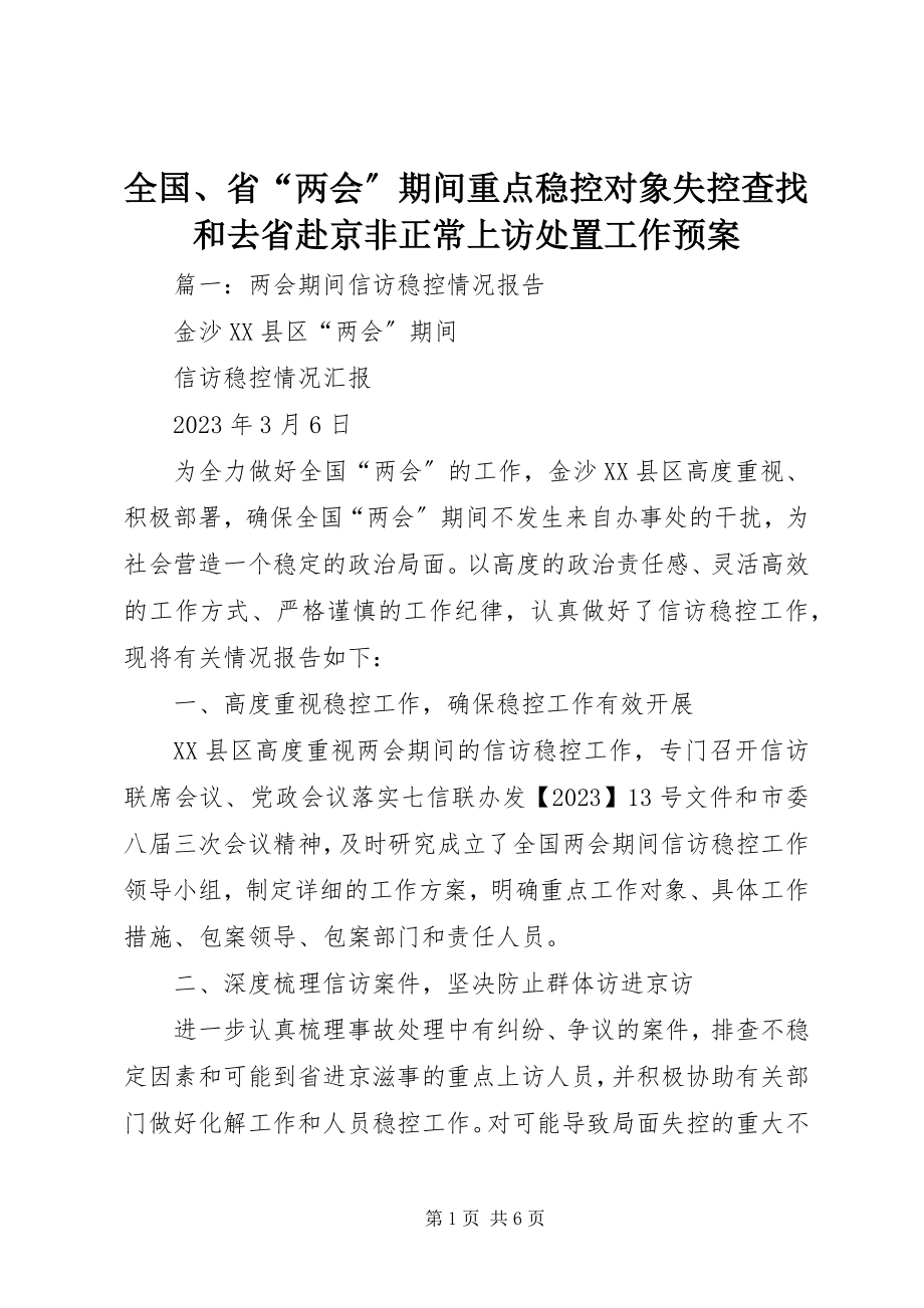 2023年全国省“两会”期间重点稳控对象失控查找和去省赴京非正常上访处置工作预案.docx_第1页