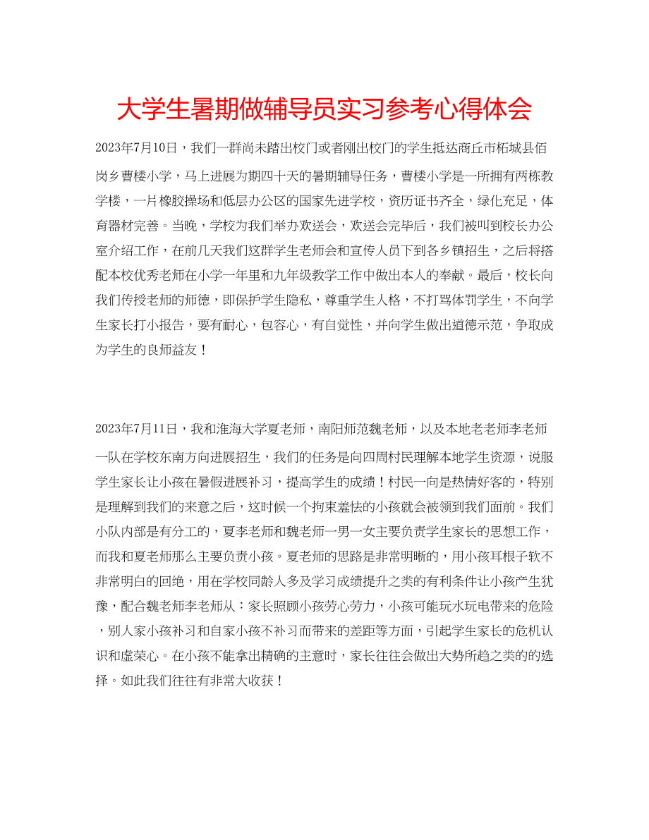 2023年大学生暑期做辅导员实习心得体会.docx_第1页