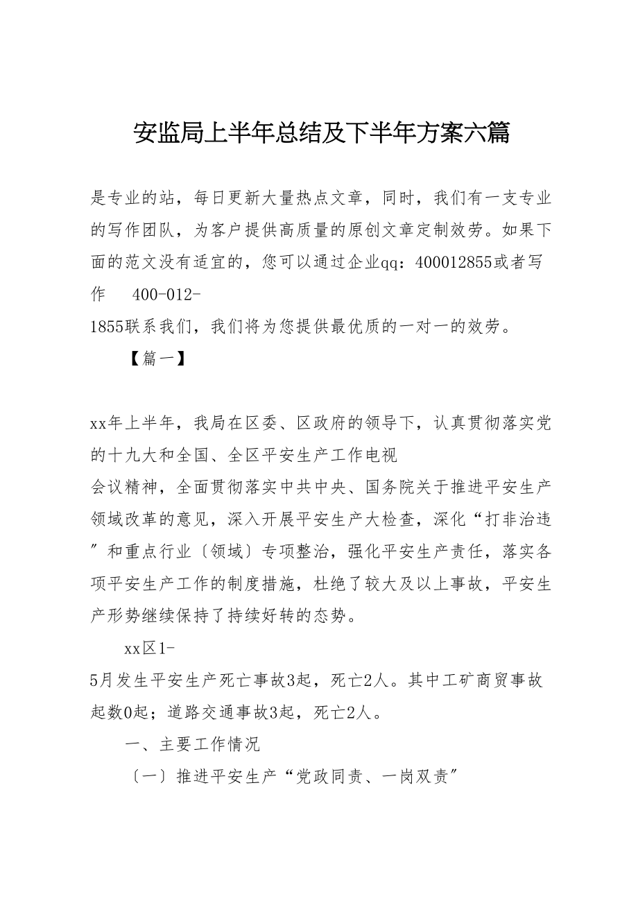 2023年安监局上半年总结及下半年计划六篇.doc_第1页