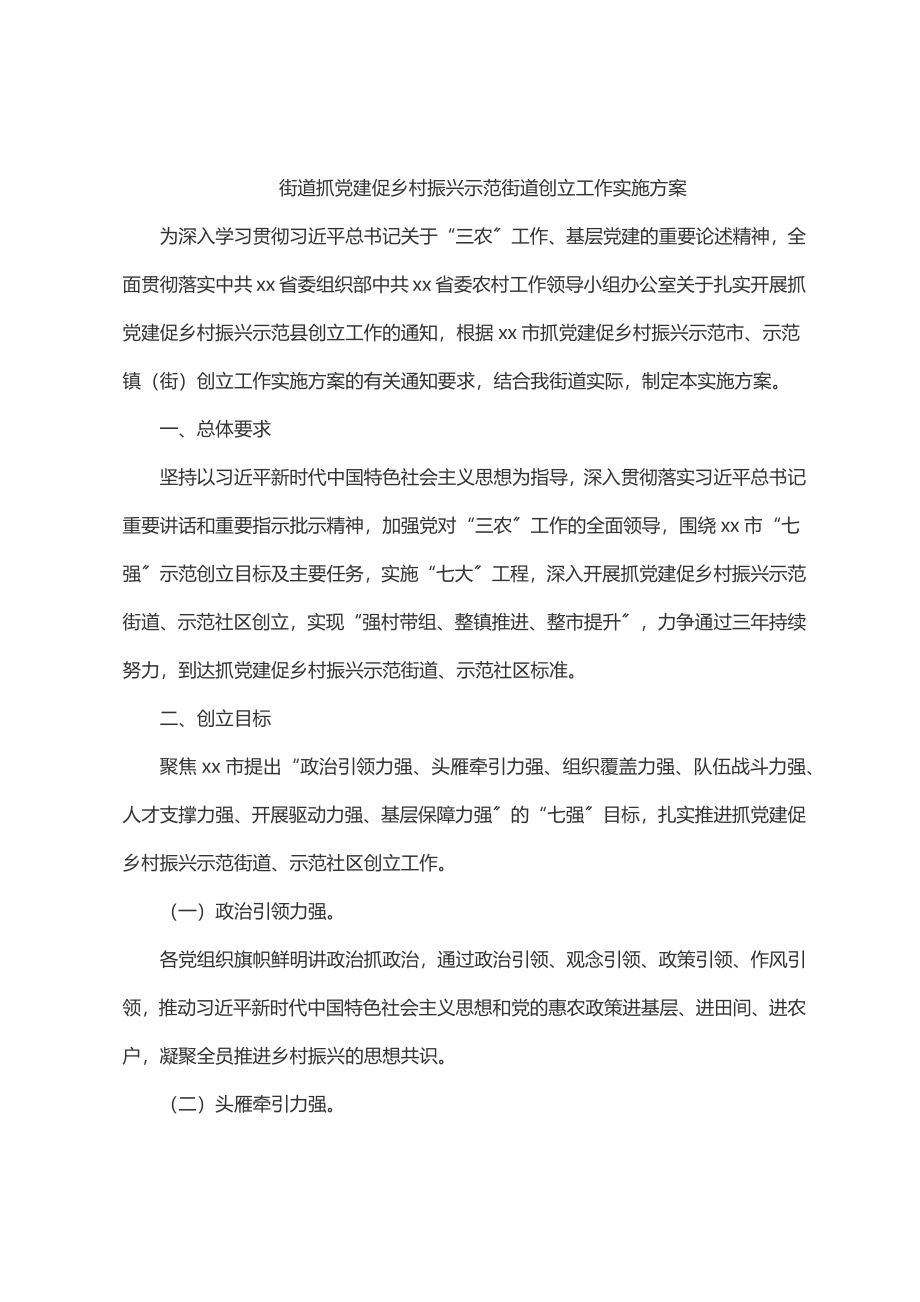 2023年街道抓党建促乡村振兴示范街道创建工作实施方案.docx_第1页