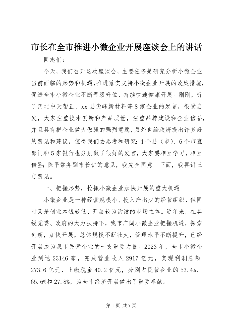 2023年市长在全市推进小微企业发展座谈会上的致辞.docx_第1页