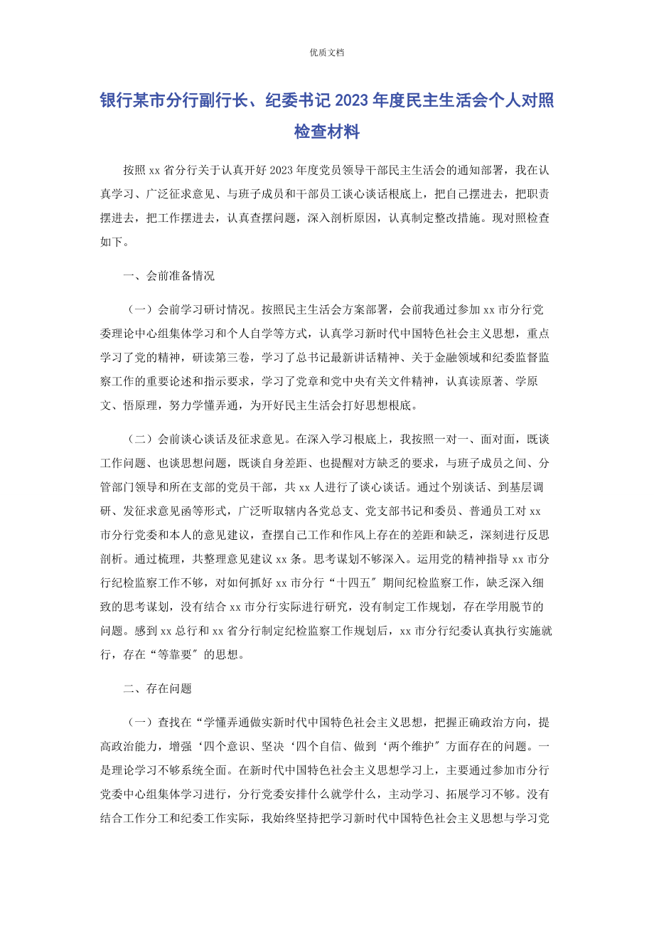 2023年银行某市分行副行长纪委书记度民主生活会个人对照检查.docx_第1页