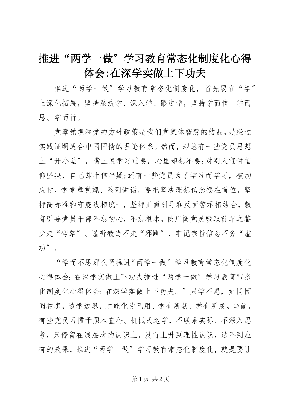 2023年推进“两学一做”学习教育常态化制度化心得体会在深学实做上下功夫.docx_第1页