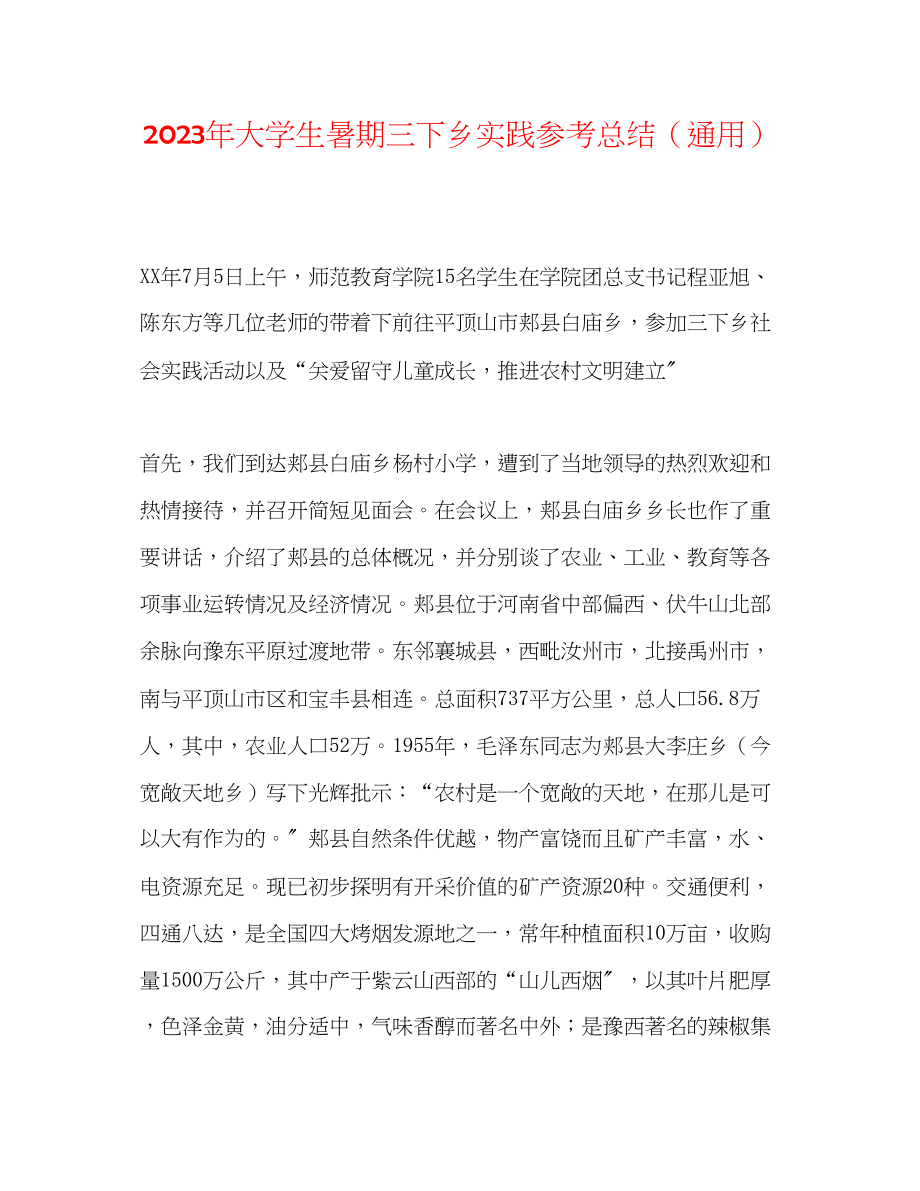 2023年大学生暑期三下乡实践总结.docx_第1页