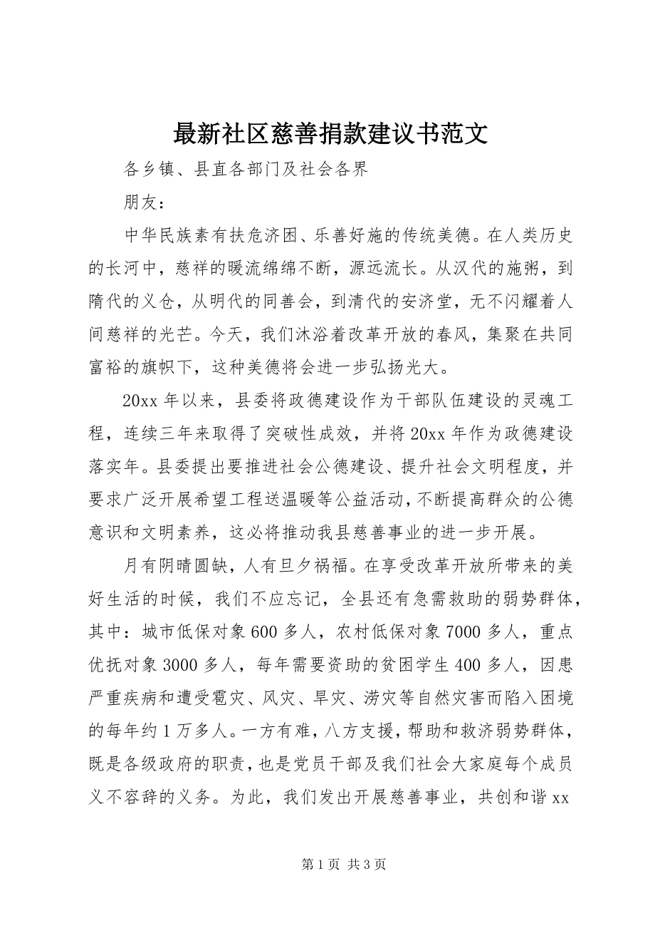 2023年社区慈善捐款倡议书范文.docx_第1页