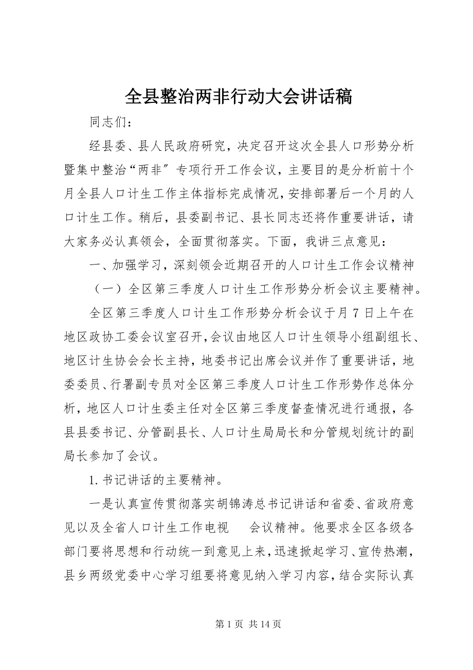 2023年全县整治两非行动大会致辞稿.docx_第1页