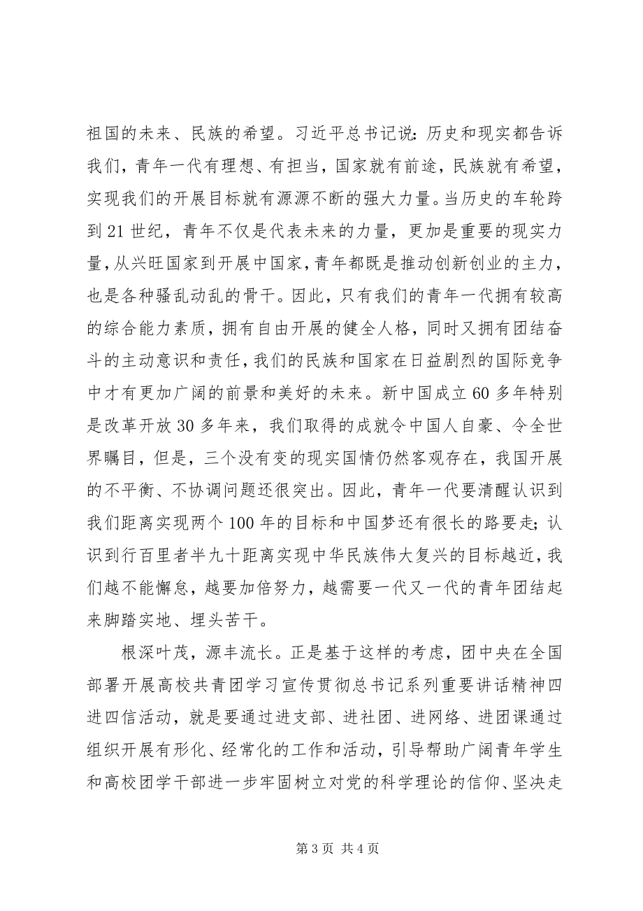 2023年四进四信学习心得筑牢青年团结奋斗思想根基.docx_第3页