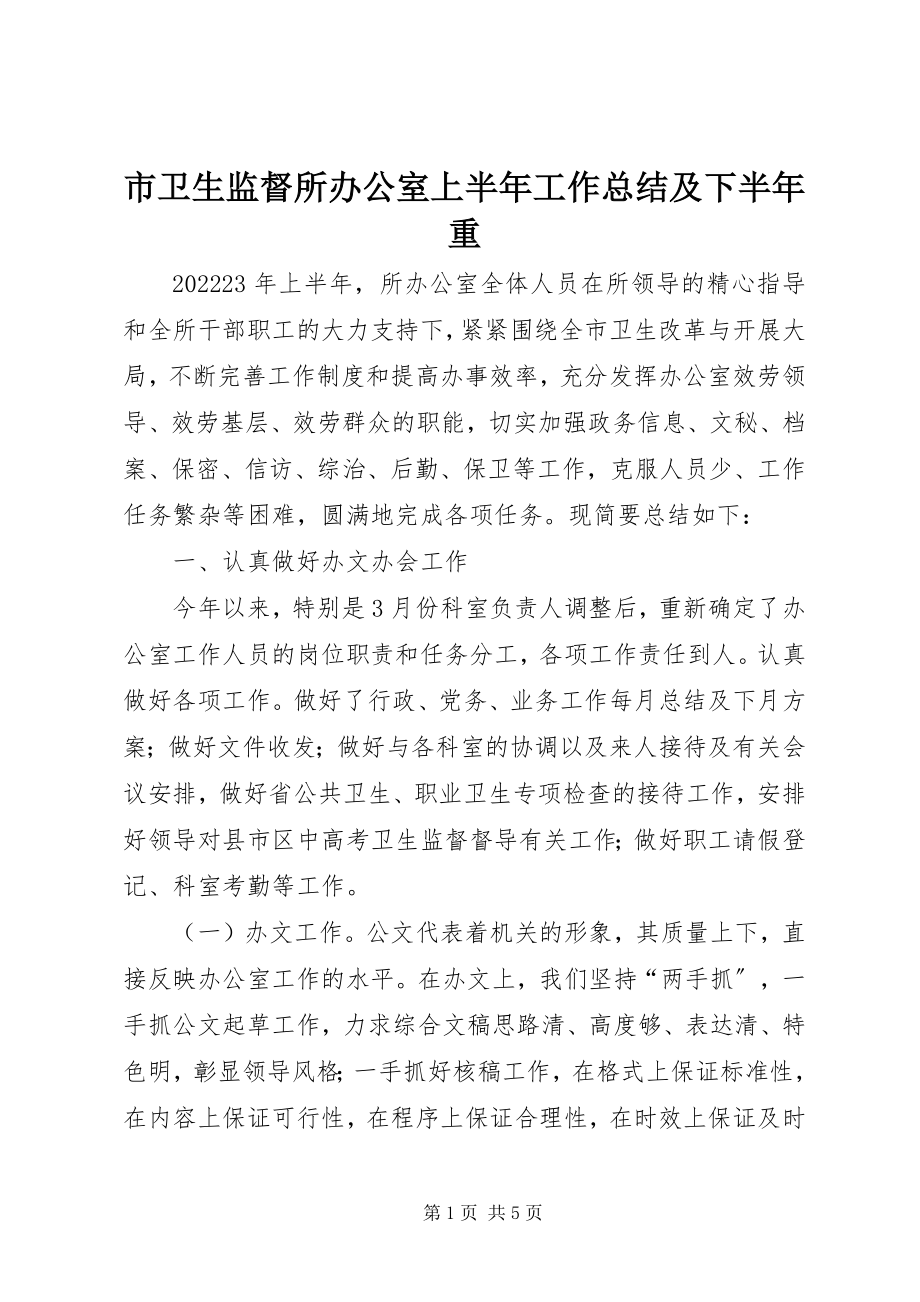 2023年市卫生监督所办公室上半年工作总结及下半年重.docx_第1页