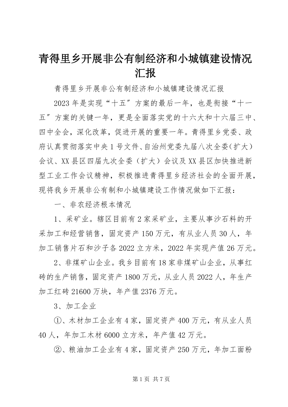 2023年青得里乡发展非公有制经济和小城镇建设情况汇报.docx_第1页