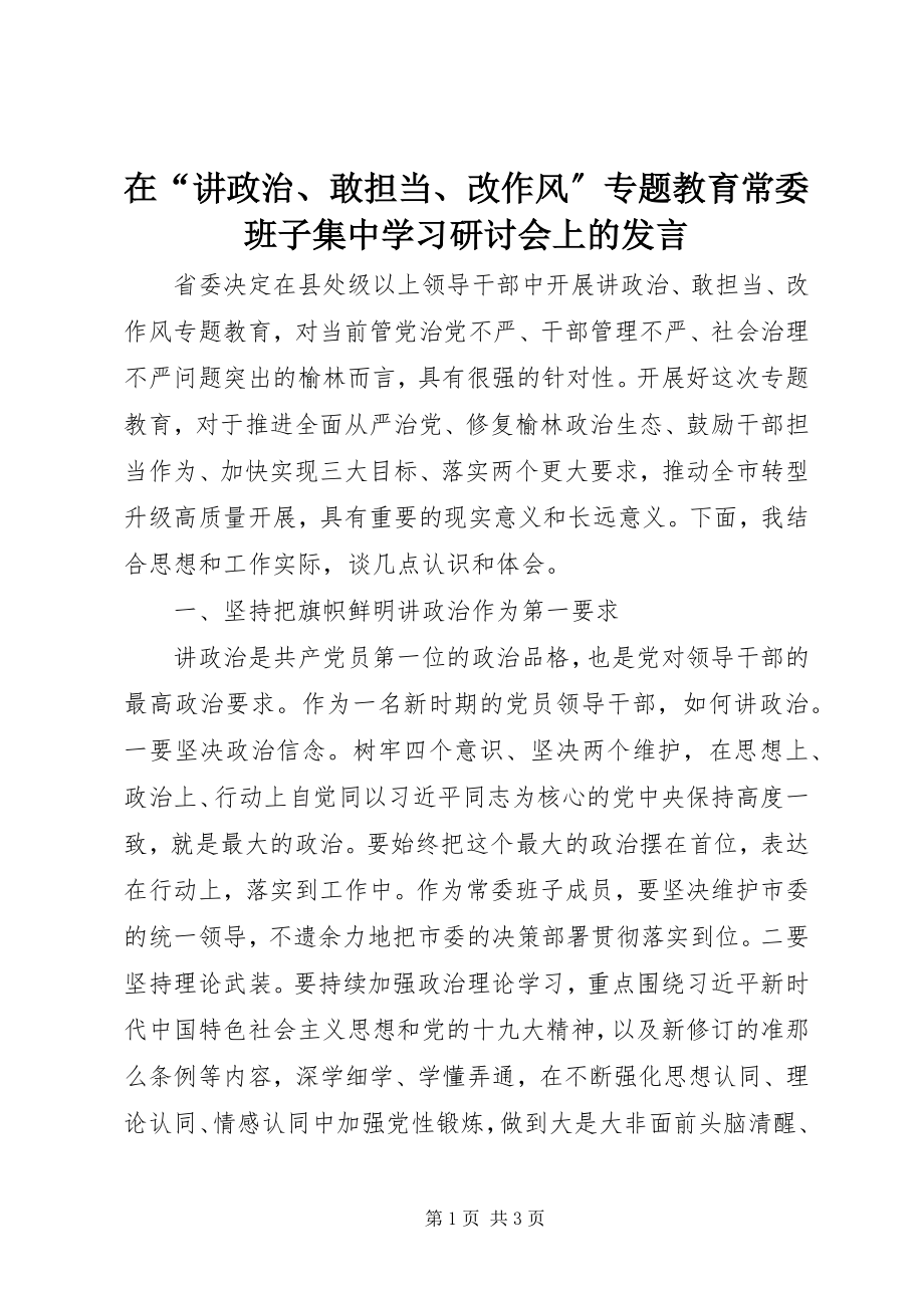 2023年在“讲政治敢担当改作风”专题教育常委班子集中学习研讨会上的讲话.docx_第1页