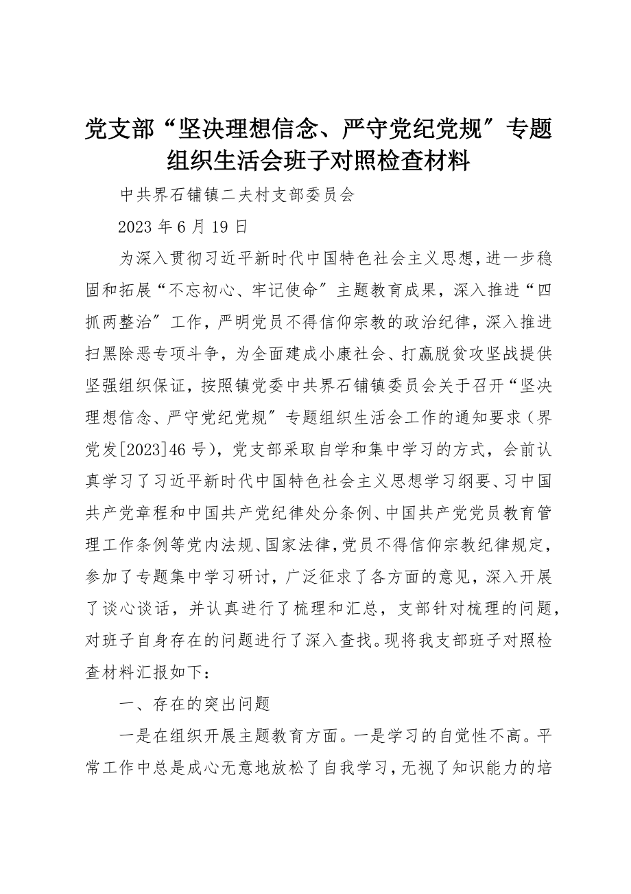 2023年党支部“坚定理想信念、严守党纪党规”专题组织生活会班子对照检查材料.docx_第1页