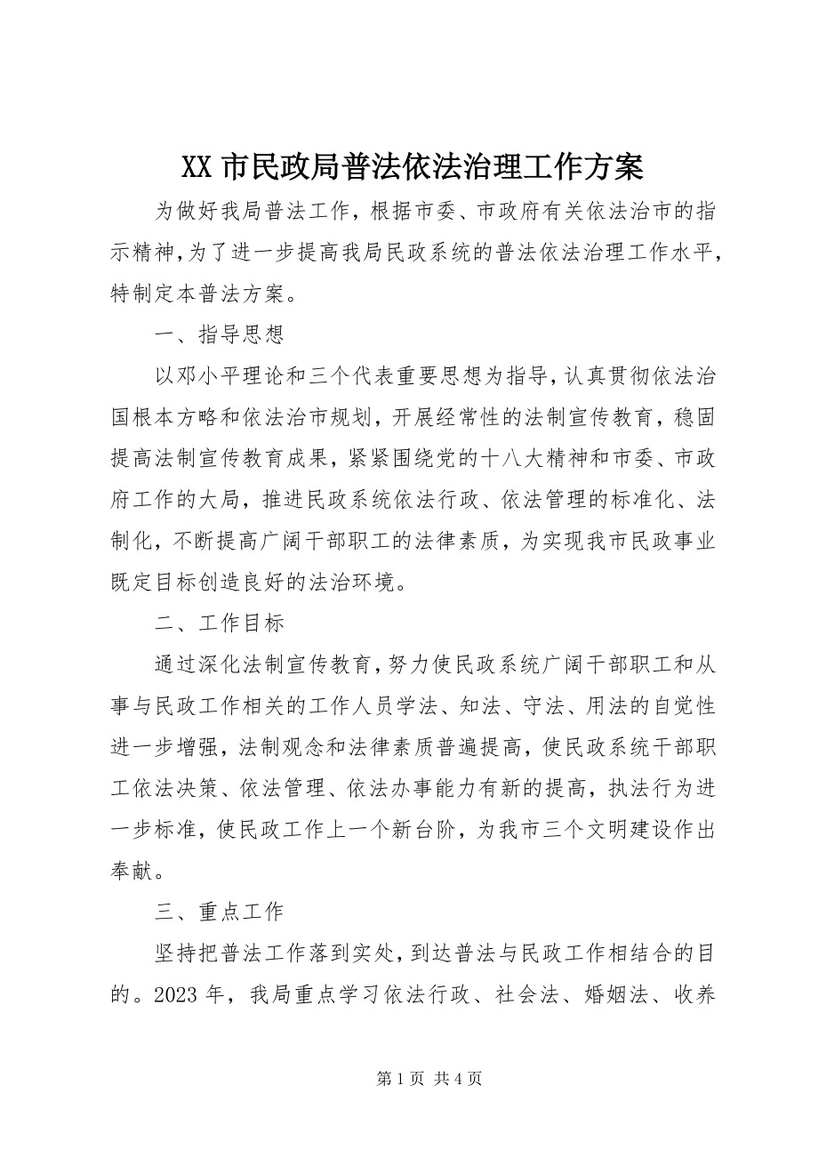 2023年XX市民政局普法依法治理工作计划新编.docx_第1页