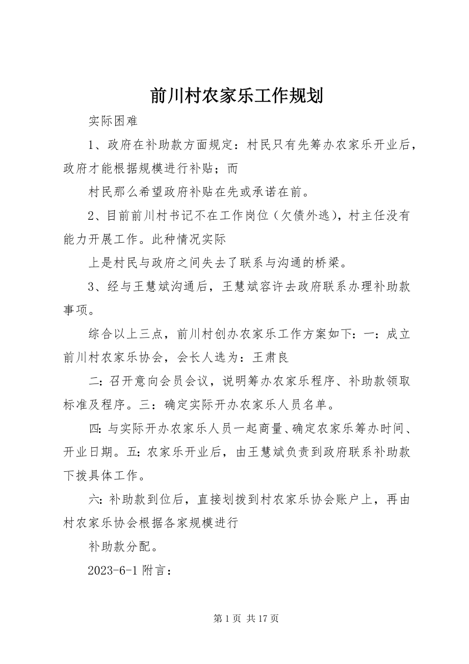 2023年前川村农家乐工作规划.docx_第1页