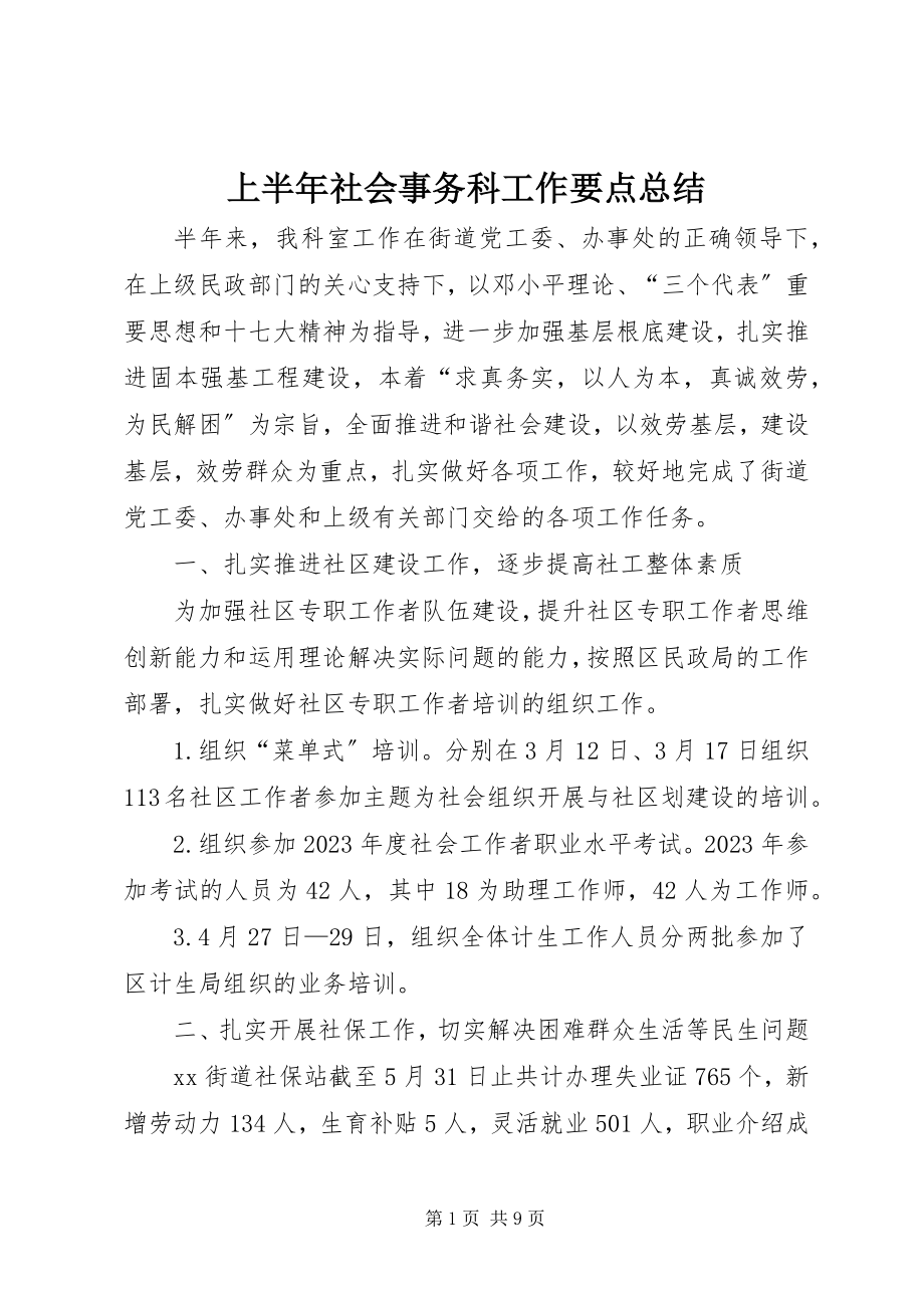 2023年上半年社会事务科工作要点总结.docx_第1页