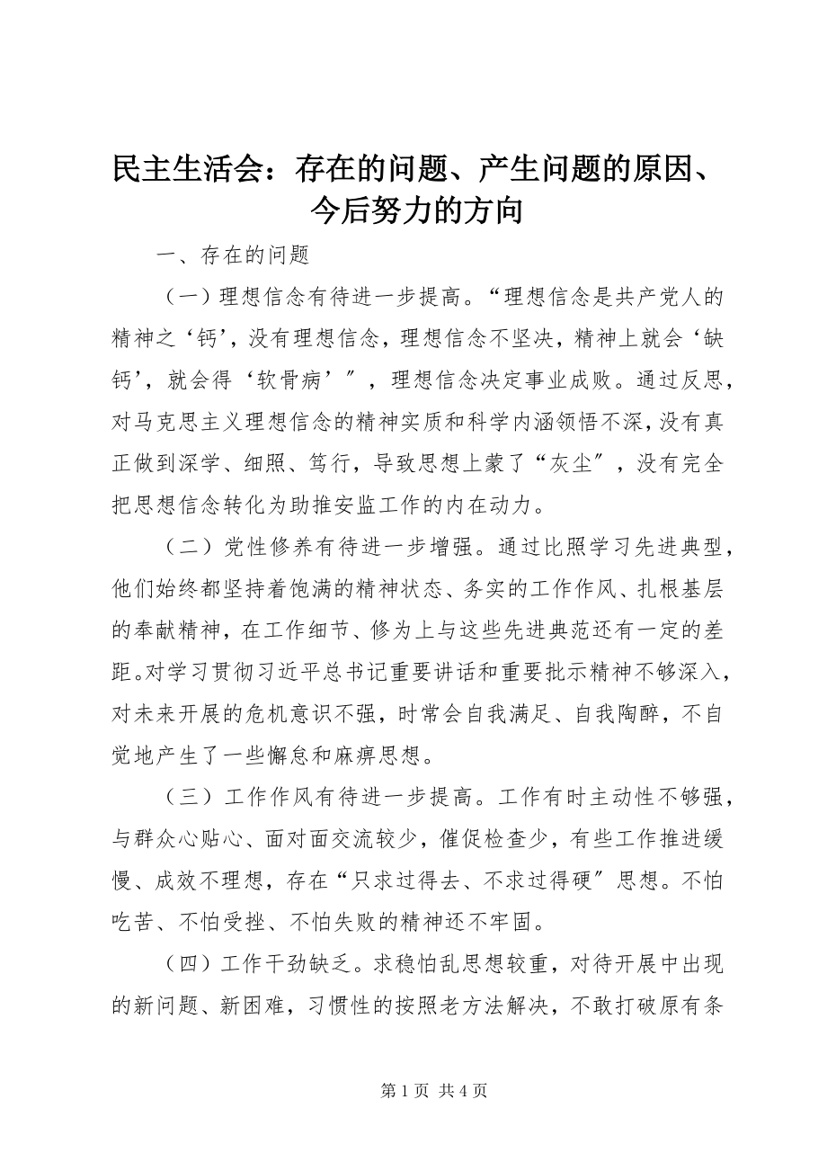 2023年民主生活会存在的问题、产生问题的原因、今后努力的方向.docx_第1页