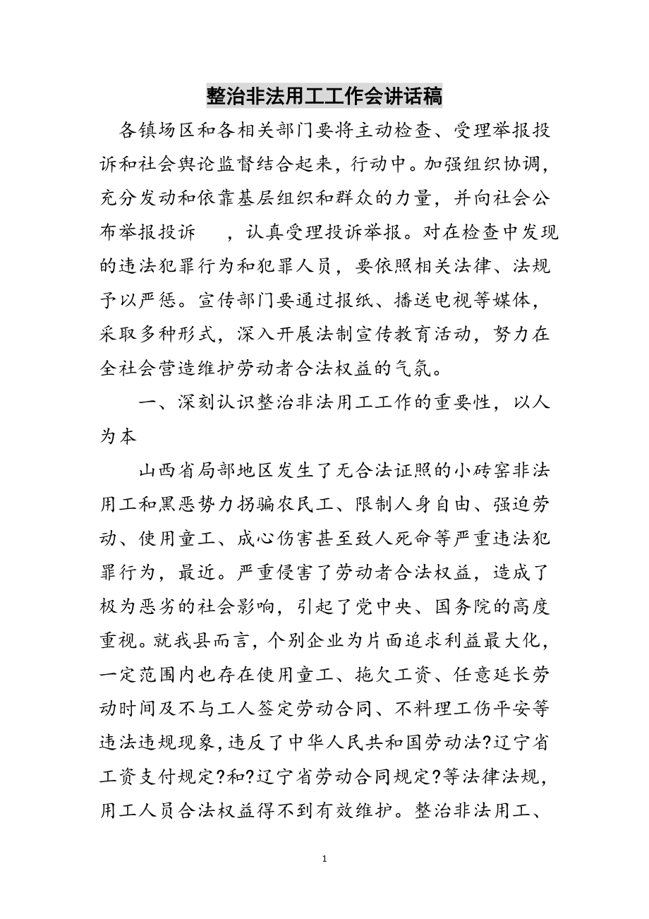 2023年整治非法用工工作会讲话稿范文.doc_第1页