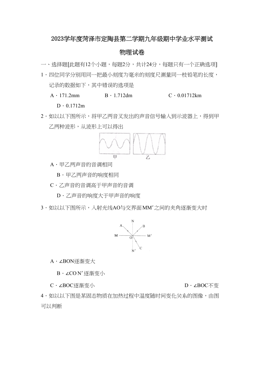 2023年度菏泽市定陶县第二学期九年级期业水平测试初中物理.docx_第1页