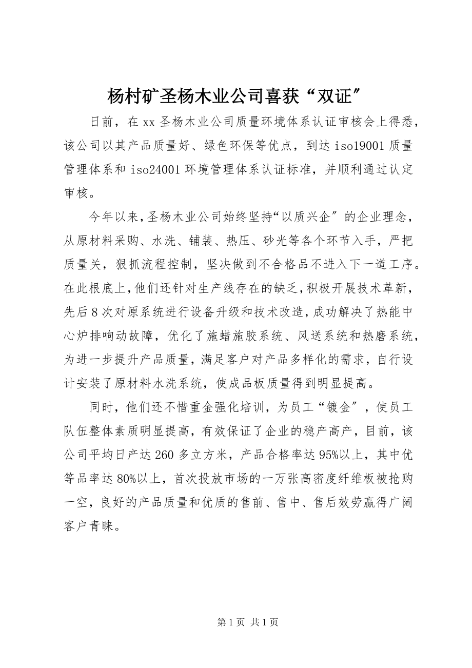 2023年杨村矿圣杨木业公司喜获“双证”.docx_第1页