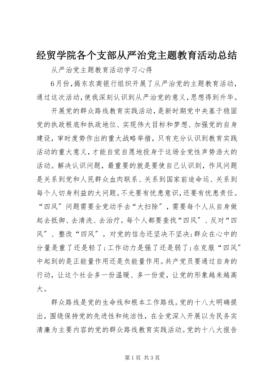 2023年经贸学院各个支部从严治党主题教育活动总结.docx_第1页