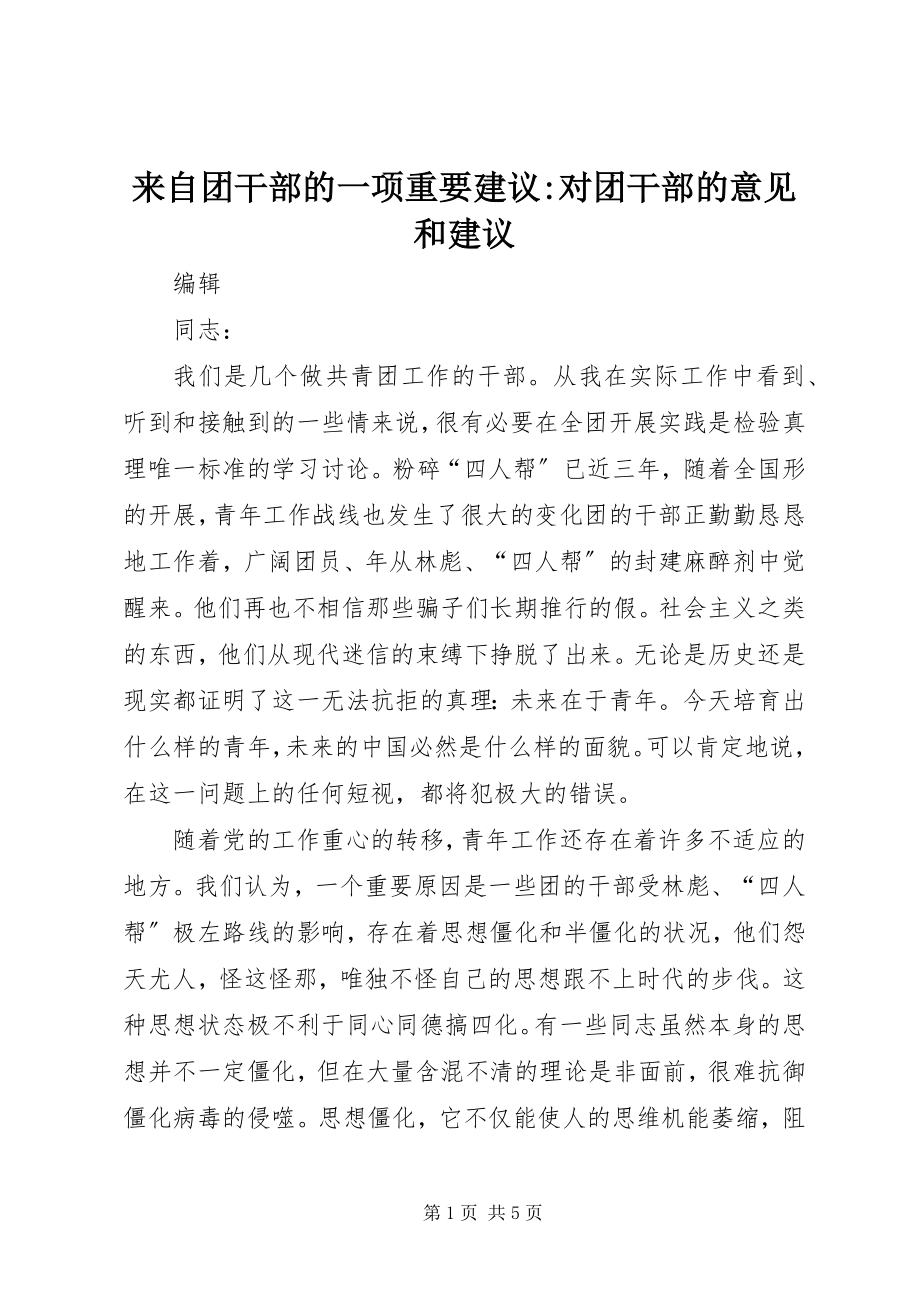 2023年来自团干部的一项重要建议对团干部的意见和建议.docx_第1页