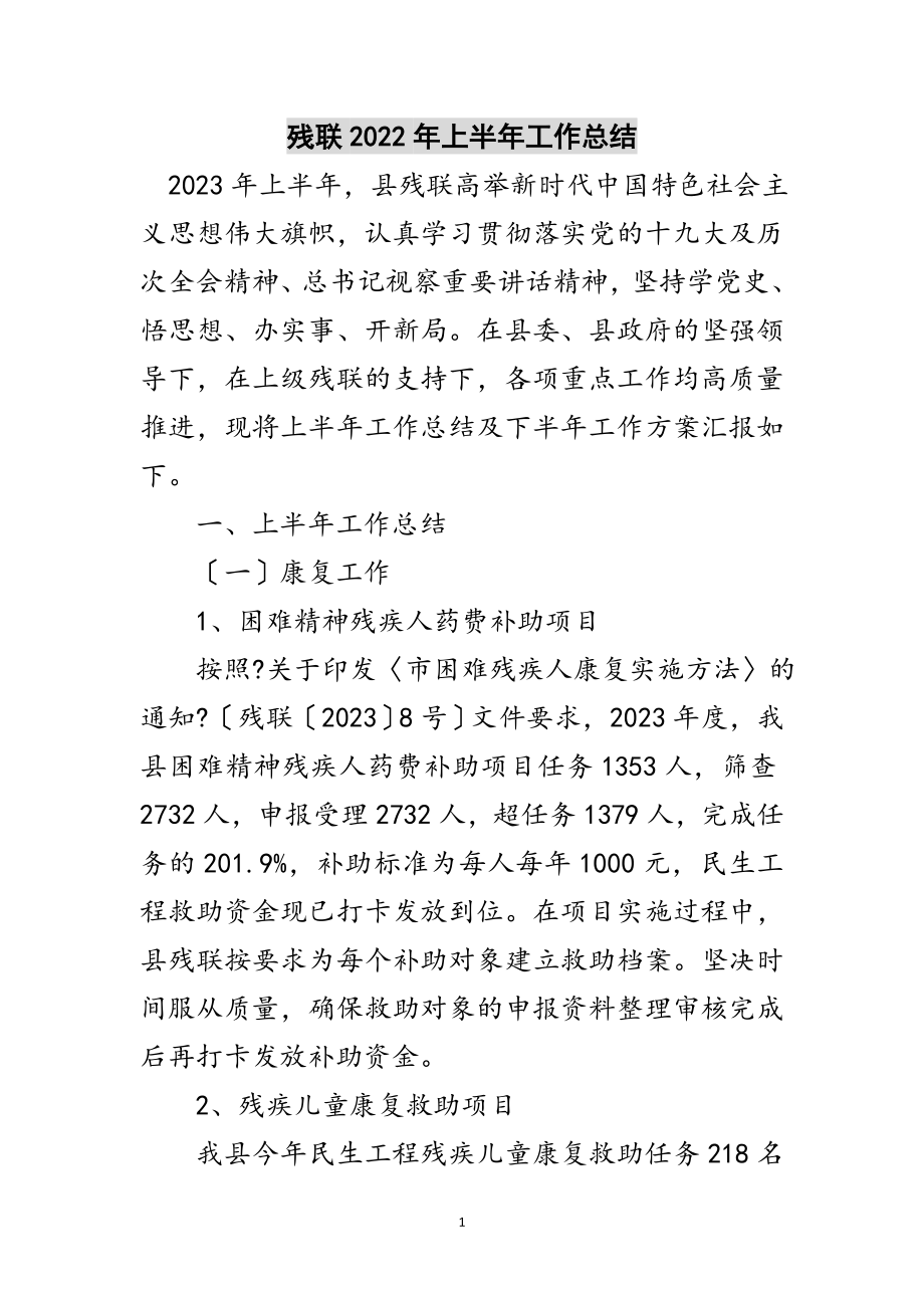 2023年残联年上半年工作总结范文.doc_第1页