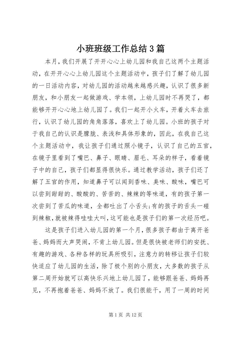 2023年小班班级工作总结3篇.docx_第1页