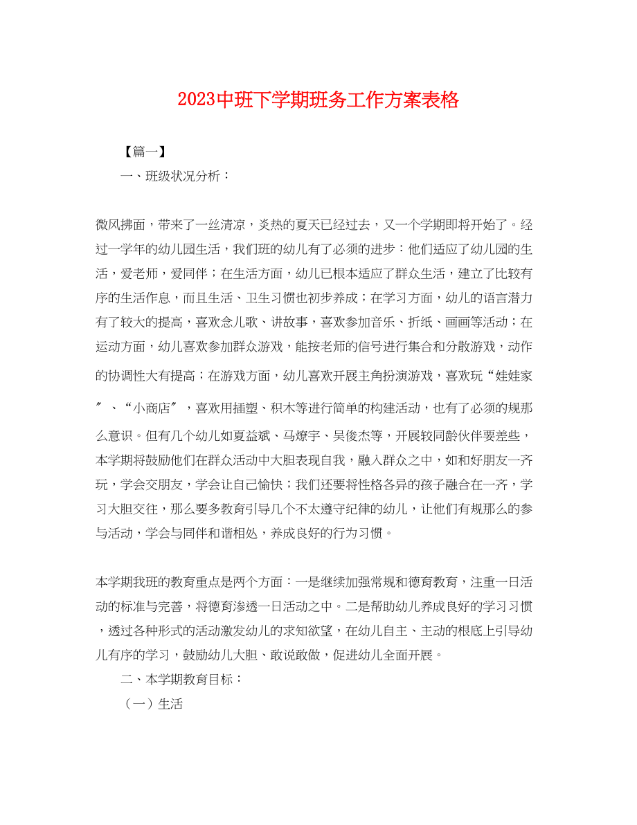 2023年20班下学期班务工作计划表格.docx_第1页