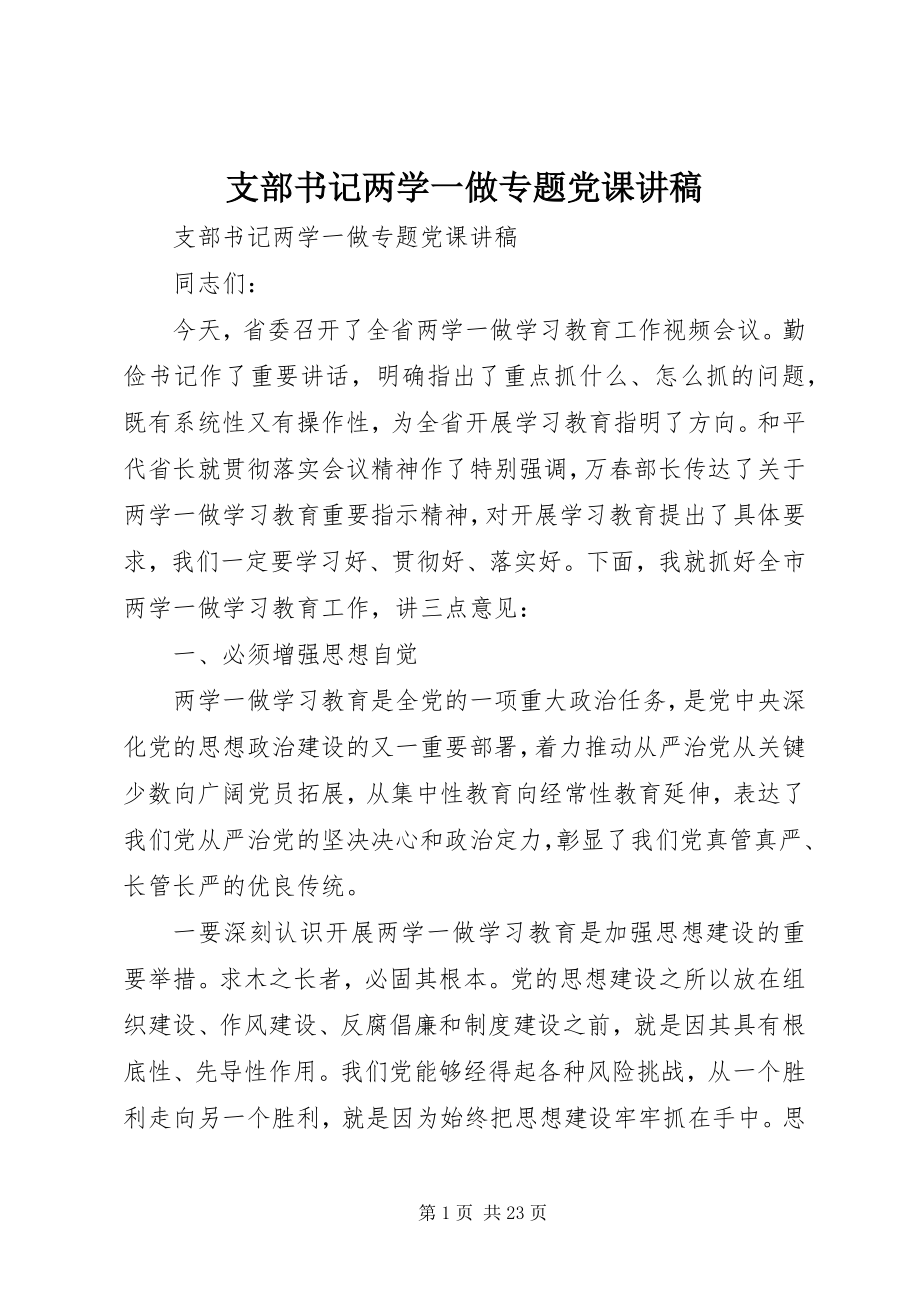 2023年支部书记两学一做专题党课讲稿.docx_第1页