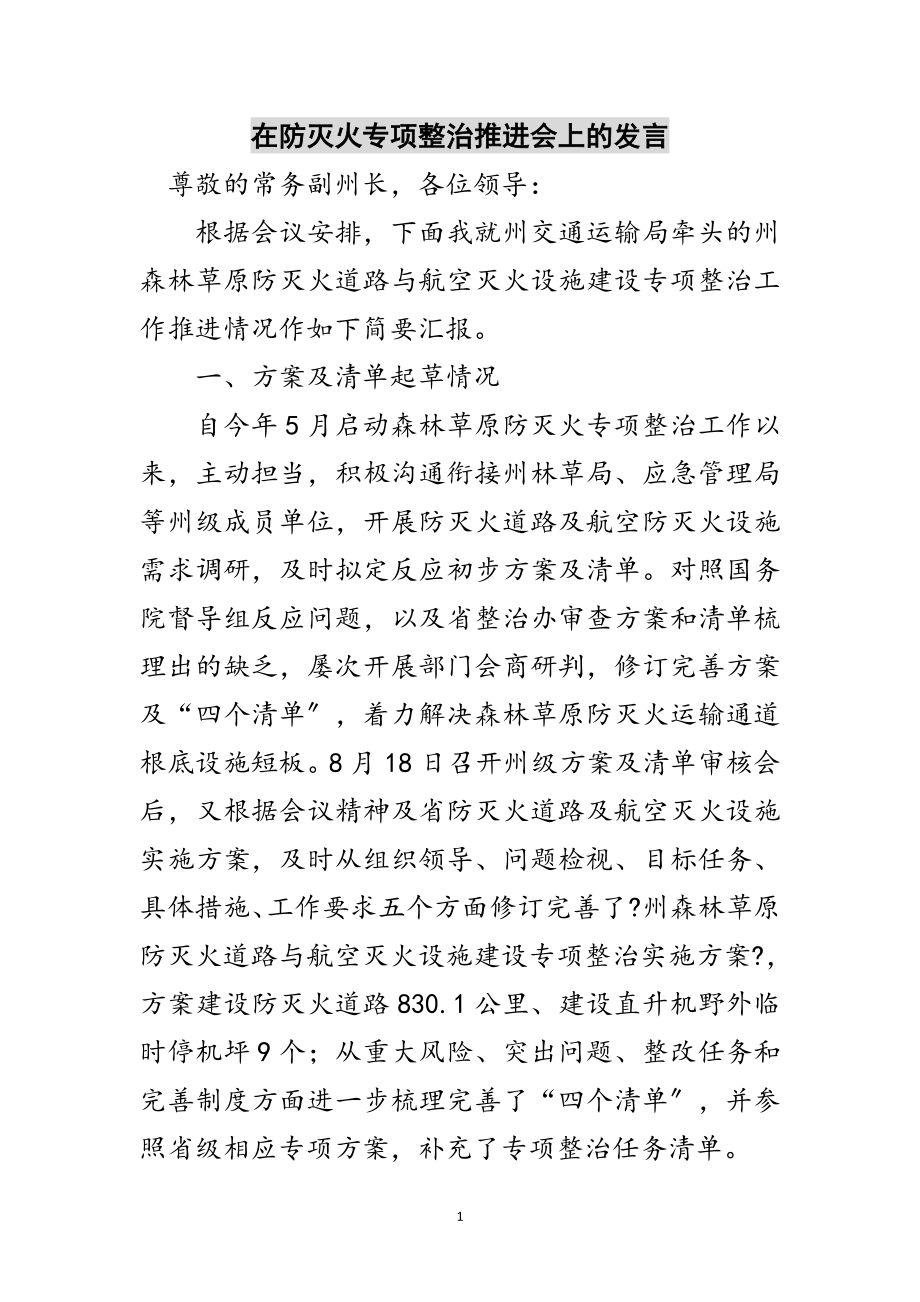 2023年在防灭火专项整治推进会上的发言范文.doc_第1页