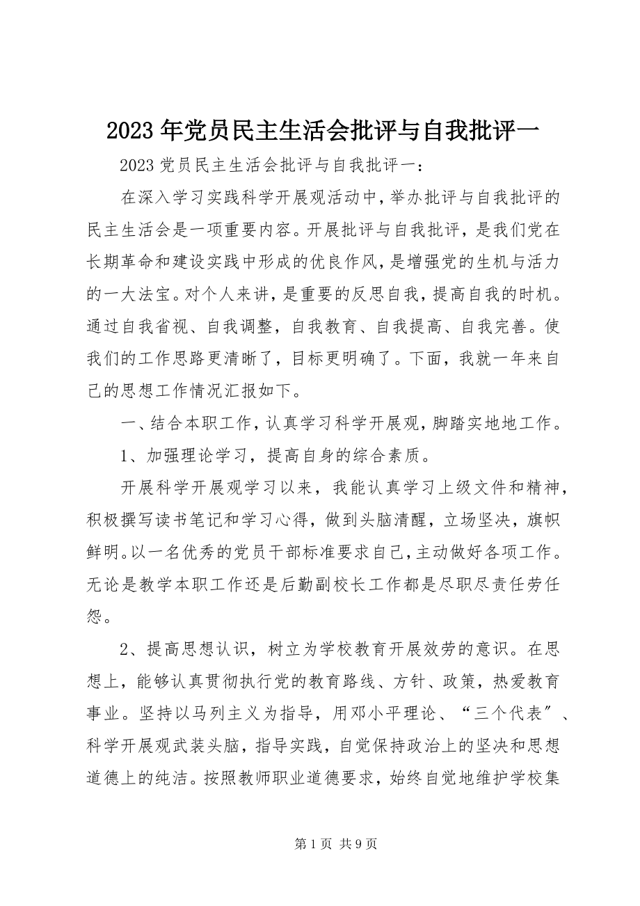 2023年党员民主生活会批评与自我批评一.docx_第1页