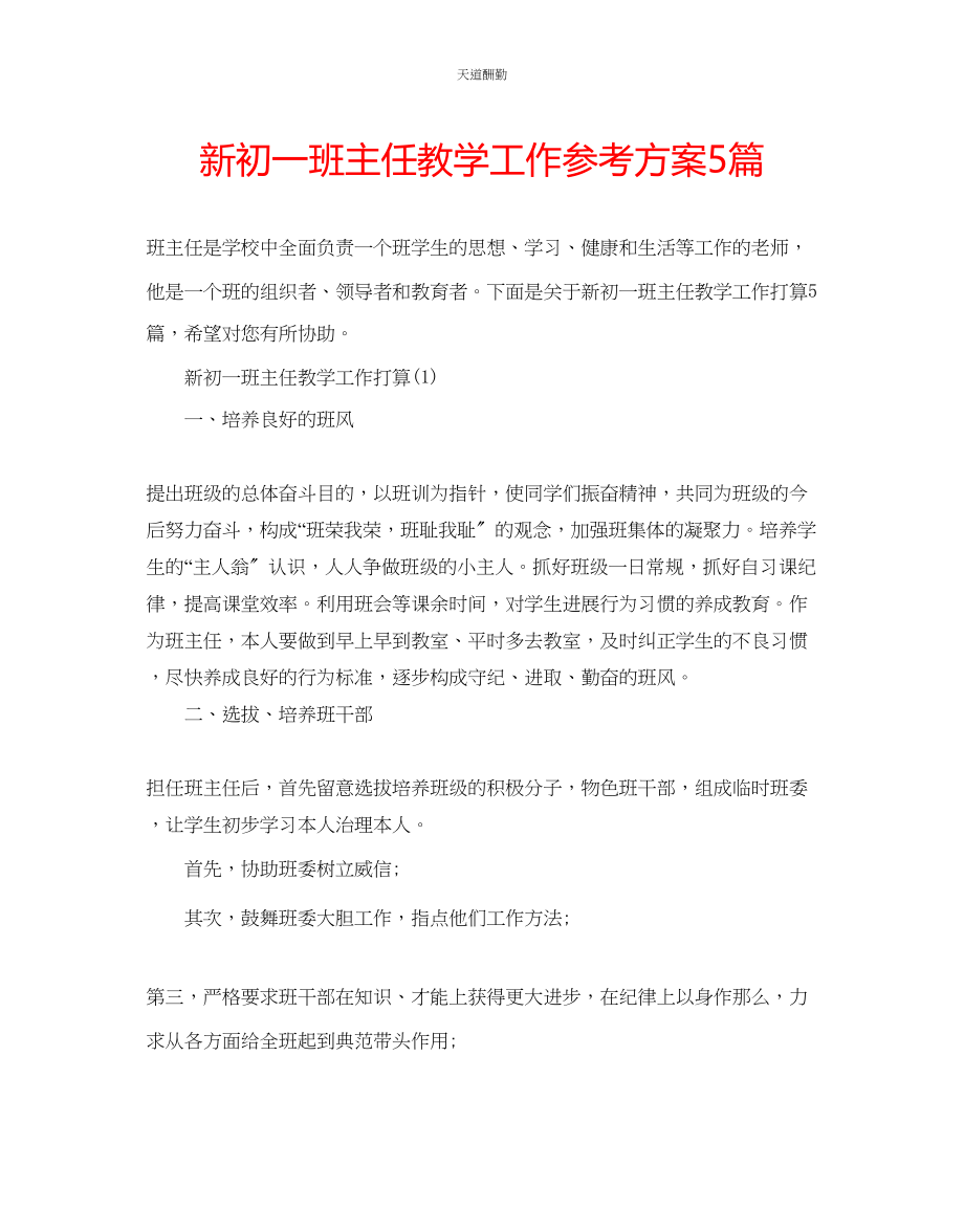 2023年新初一班主任教学工作计划5篇.docx_第1页